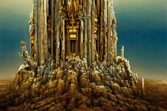 Image similar to the temple of truth is white, whole, holy and beautiful, but is surrounded by a crater of ruin and desolation. it's spire reaches up to the heavens and is topped with a gold statue. | painting by yumihiko amano. intricate detail. stark contrast. landscape painting