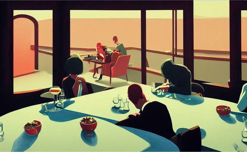 Image similar to an emotional surreal mysterious dinner scene illustration by atey ghailan and escher and edward hopper,