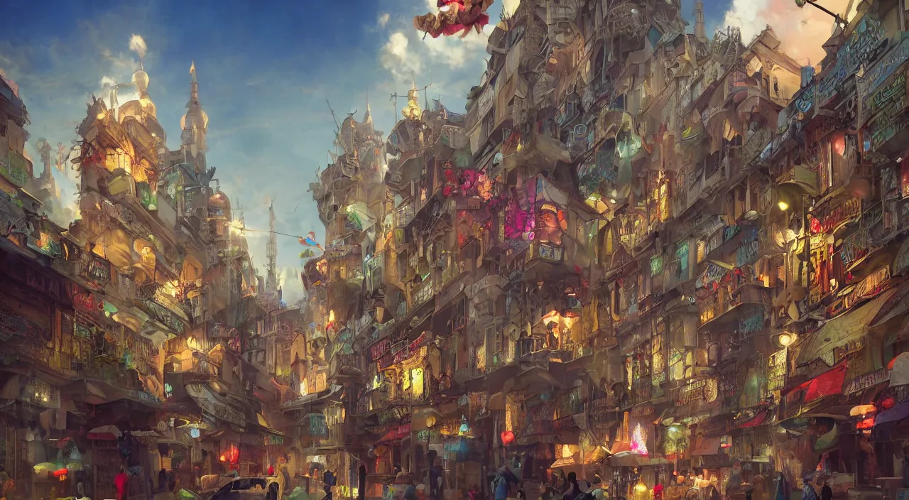 Prompt: bazaar zouk oriantal place mosquet multicolorful sky shine matte painting, street art, trending on artstation, by huang guangjian and gil elvgren and sachin teng