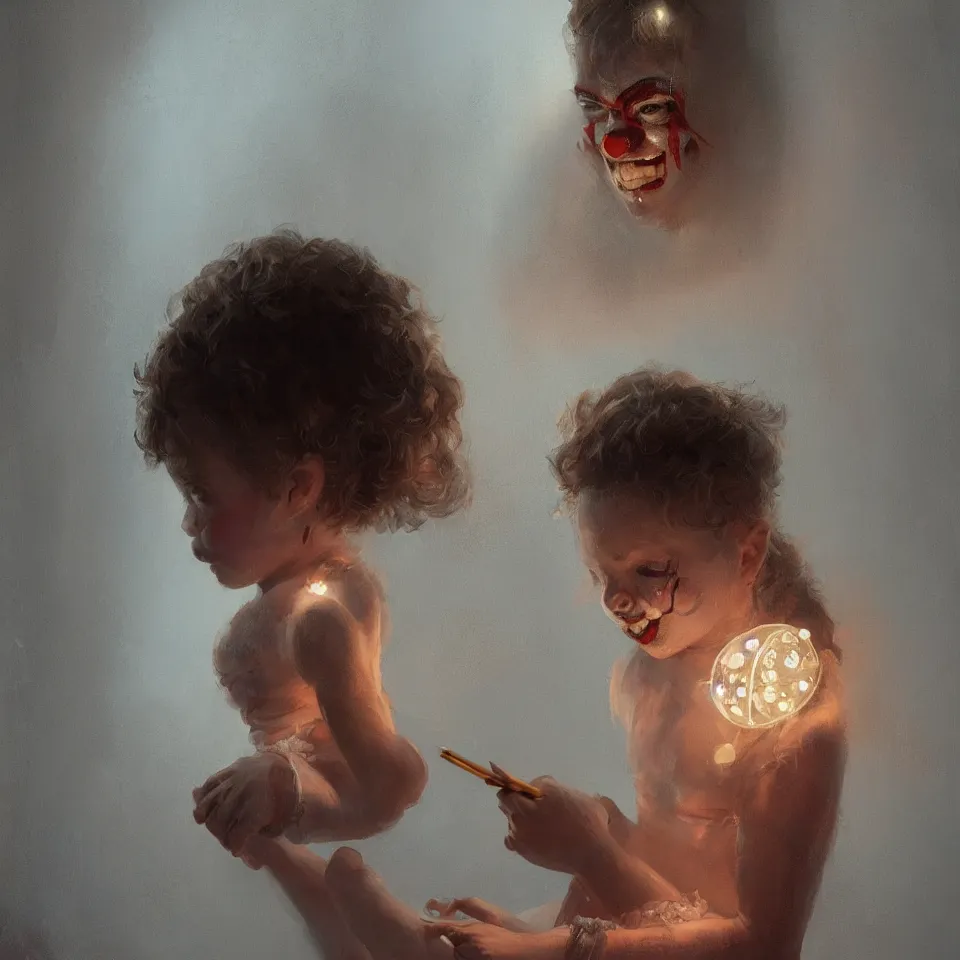 Prompt: a child painting a sad clown in a mirror, intricate, elegant, glowing lights, highly detailed, digital painting, artstation, concept art, smooth, sharp focus, illustration, greg rutkowski, 8 k, very high resolution, processing, extremely hyperdetailed
