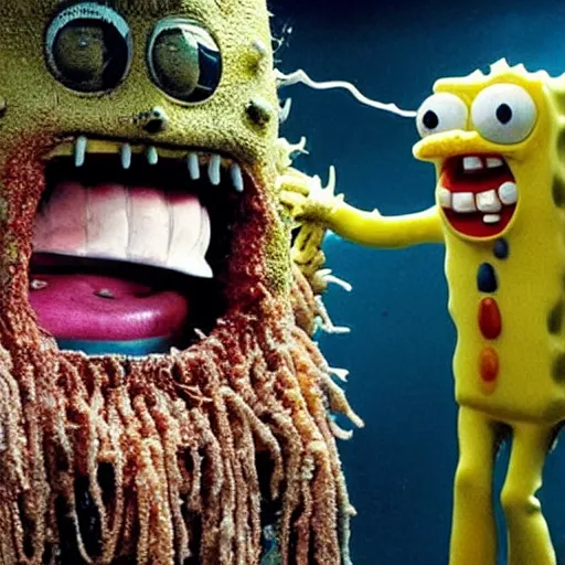 Image similar to a disgusting vile realistic spongebob monster eating a man from The Thing, by Cronenberg and greg nicotero H- 850