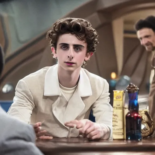 Image similar to timothee chalamet sitting at quark's bar on deep space nine, 3 5 mm photography, highly detailed, cinematic lighting, 4 k