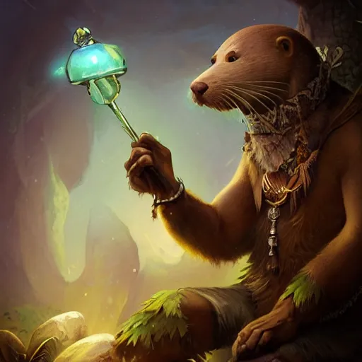 Image similar to anthropomorphic druidic otter casting a spell, DnD character art portrait, matte fantasy painting, DeviantArt Artstation, by Jason Felix by Steve Argyle by Tyler Jacobson by Peter Mohrbacher, cinematic lighting