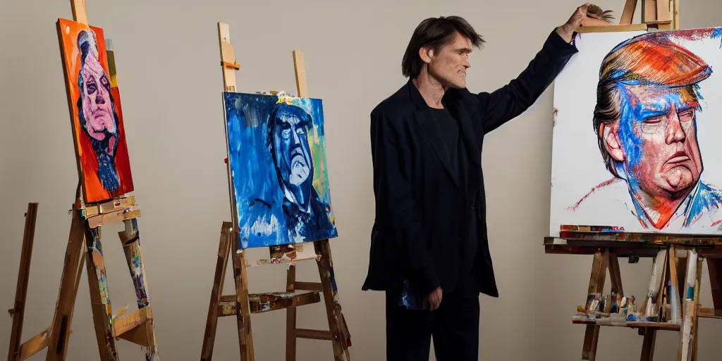 Prompt: actor jim carrey, stands at a his easel, painting donald trump, soft focus, long exposure