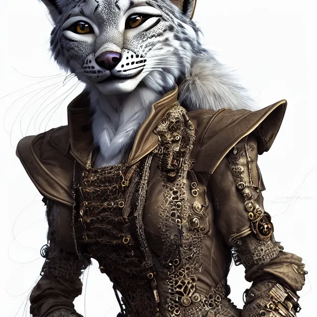 Image similar to the portrait of anthropomorphic lynx fursona wearing a steampunk dress as unimaginably beautiful, gorgeous, elegant, young lynx, an ultrafine hyperdetailed illustration by kim jung gi, irakli nadar, intricate linework, white fur, unreal engine 5 highly rendered, global illumination, radiant light, detailed and intricate environment