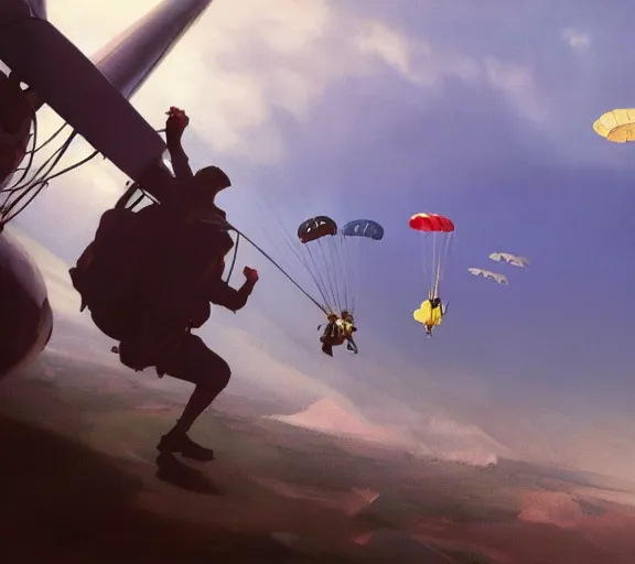 Prompt: five parachutists go to the plane, portrait, close view, painting by craig mullins, octane rendering, soft morning lighting, wide angle lens, in the style of hayao miyazaki, trending on artstation,