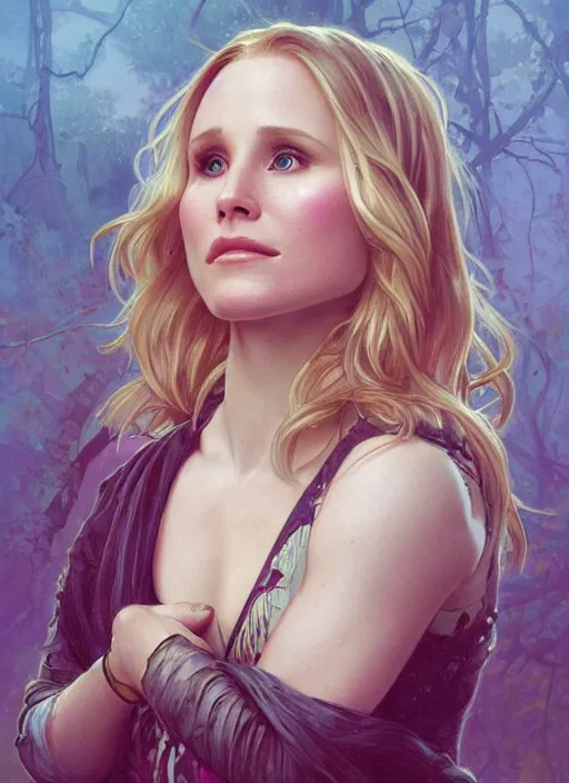 Image similar to beautiful portrait of kristen bell combined with maggie lawson, by magali villeneuve and greg rutkowski and artgerm and alphonse mucha, intricate, elegant, highly detailed, photorealistic, trending on artstation, trending on cgsociety, 8 k, sharp focus