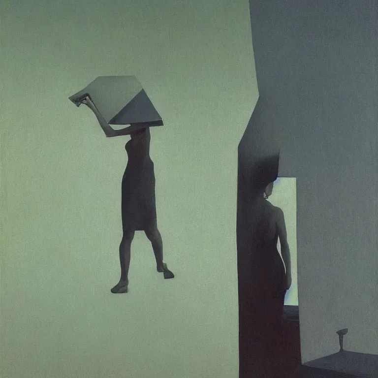 Image similar to woman in paper bag over the head and a sward Edward Hopper and James Gilleard, Zdzislaw Beksinski, highly detailed