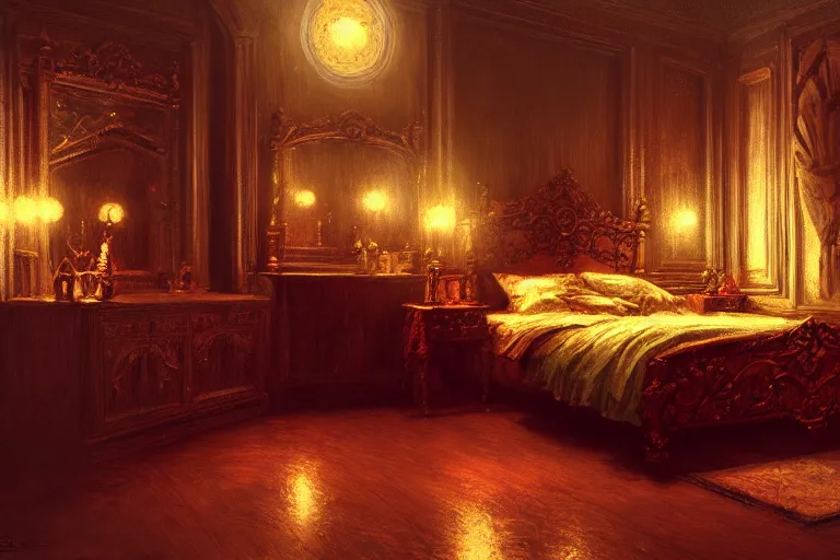 Prompt: an ornate victorian bedroom at night. 1 8 9 0, key visual, conceptart, low candlelight, highly detailed, digital painting, artstation, concept art, sharp focus, by makoto shinkai and akihiko yoshida and greg manchess