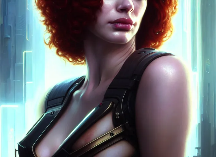 Image similar to portrait shot of a christina hendricks in cyberpunk 2 0 7 7, intricate, elegant, highly detailed, centered, digital painting, artstation, concept art, smooth, sharp focus, illustration, artgerm, tomasz alen kopera, peter mohrbacher, donato giancola, joseph christian leyendecker, wlop, boris vallejo