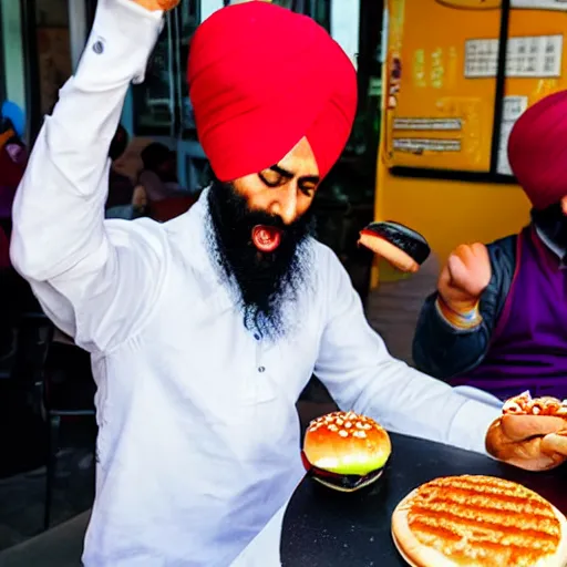 Image similar to sikh eating burger, still from dragonballz style