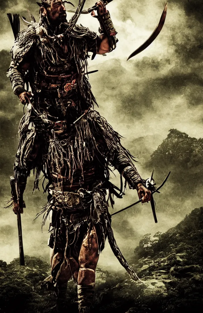 Prompt: movie poster for predator film shot in feudal japan staring hiroyuki sanada as a disgraced ronin who hunts down the predator after he fails to protect his master from it. in the style of ansel adams, reynold brown, h. r. geiger.