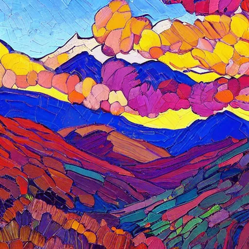 Image similar to autumnal scottish valley view with snowy mountains in the background and piercing blue sky with citrus clouds by erin hanson and tyler edlin