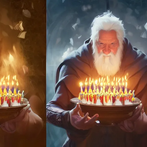 Prompt: a wizard blowing out birthday candles with magic, art by artgerm and greg rutkowski and alphonse mucha, concept art, octane render, unreal engine 5, highly detailed, high quality, 8 k, soft lighting, realistic face, path traced