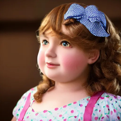 Image similar to charming and chubby girl, wearing a polka dot dress and a victorian - style hairdo on her head, sits in the large and bright studio. sunlight enters through the barred window. very realistic shiny skin. subsurface scattering shiny skin. beautiful lighting, 4 k post - processing, highly detailed, 5 k extremely detailed, 3 d. cinematic scene.