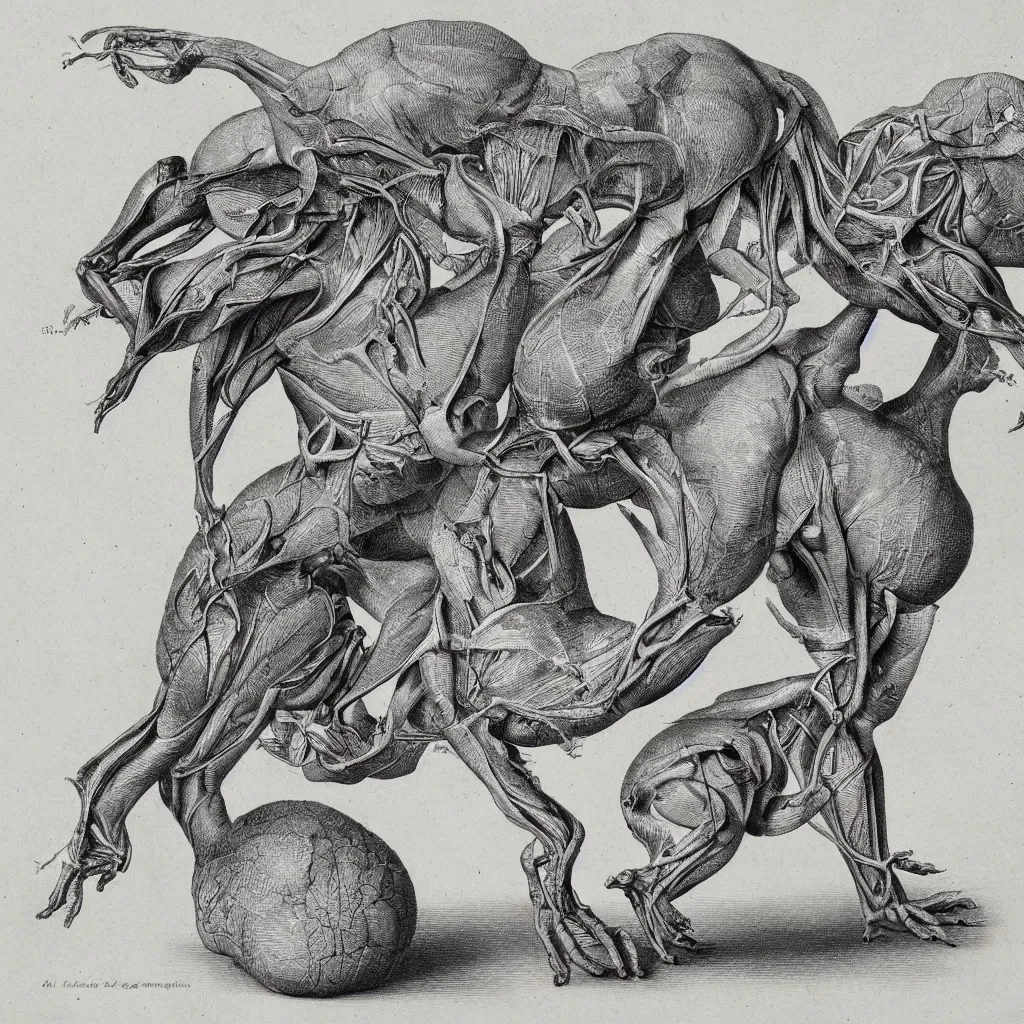 Image similar to anatomical engraving of an unknown specie, anatomical study of animal hybrids from another universe