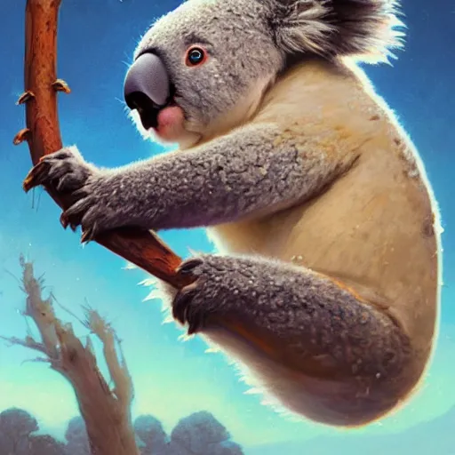 Image similar to highly detailed portrait of koala eating a taco, stephen bliss, unreal engine, fantasy art by greg rutkowski, loish, rhads, ferdinand knab, makoto shinkai and lois van baarle, ilya kuvshinov, rossdraws, tom bagshaw, alphonse mucha, global illumination, radiant light, detailed and intricate environment