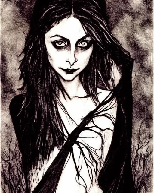 Prompt: style of arthur rackham : : gorgeous willa holland : : evil witch, swirling black magic, black dress : : symmetrical face, symmetrical eyes : : full body pose : : gorgeous black hair : : magic lighting, low spacial lighting : :