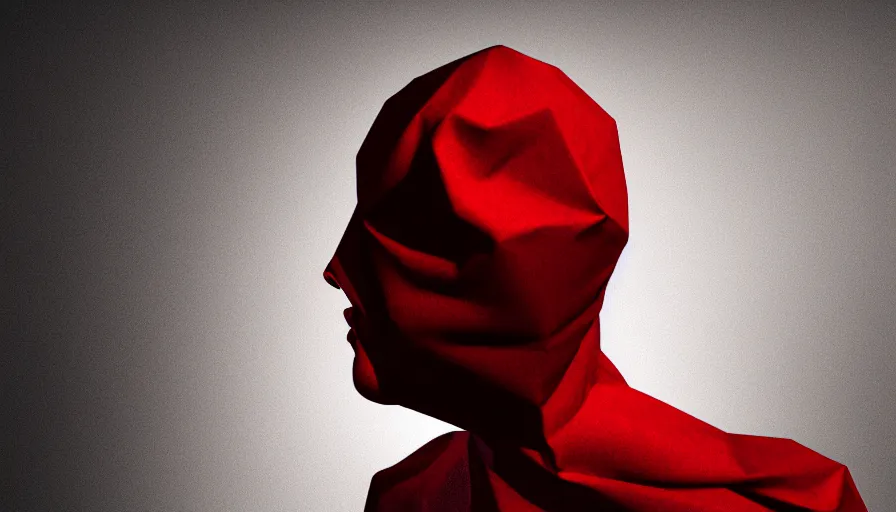 Image similar to enigmatic figure wrapped in red sheet in darkness, high contrast, hard light, digital art, rendering, cloth simulation, redshift