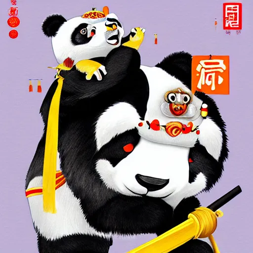 Image similar to a high detaild character design of a cute panda with a chinese lion dance head, chinese style, trend, illustration,