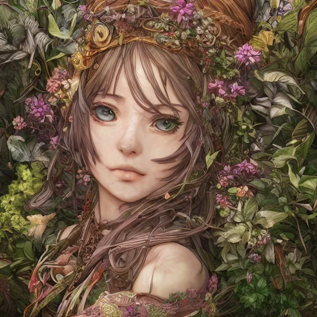 Image similar to the portrait of chaotic good female druid botanist as absurdly beautiful, gorgeous, elegant, young anime girl, an ultrafine hyperdetailed illustration by kim jung gi, irakli nadar, intricate linework, sharp focus, bright colors, octopath traveler, final fantasy, unreal engine 5 highly rendered, global illumination, radiant light, detailed and intricate environment