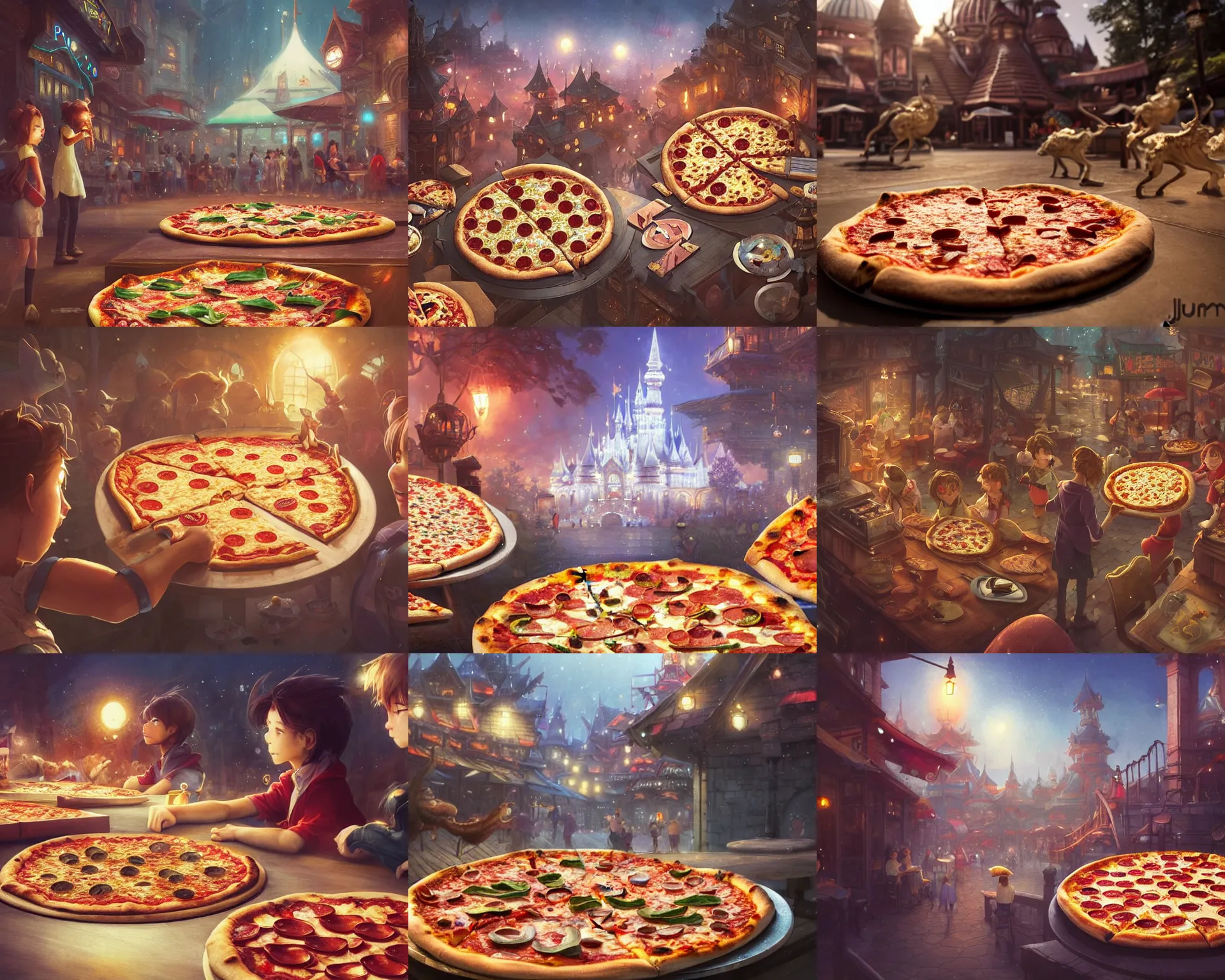 Prompt: pizza party at a theme park, light dust, magnificent, close up, details, sharp focus, elegant, highly detailed, illustration, by Jordan Grimmer and greg rutkowski and PiNe(パイネ) and 薯子Imoko and 香川悠作 and wlop and maya takamura, intricate, beautiful, Trending artstation, pixiv, digital Art