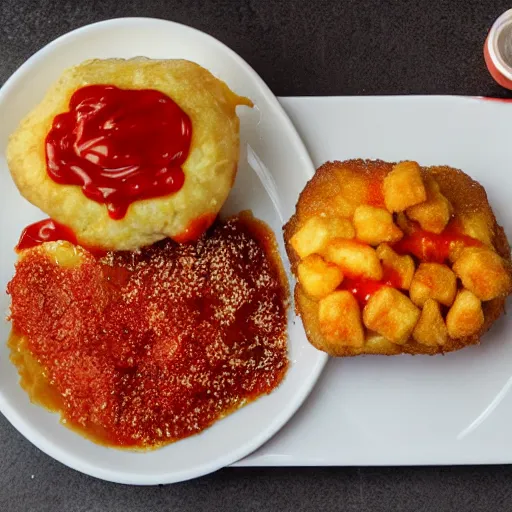 Image similar to food photo of channing tatum's face on top of giant tater tot on a plate with ketchup