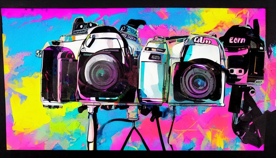 Prompt: DSLR camera graphic, acrylic airbrush collage-painting by Jules Julien, Leslie David and Lisa Frank, muted colors with predominant white background minimalism, neon color mixed media painterly details, neo-classical composition, rule of thirds, design tension, impactful graphic design