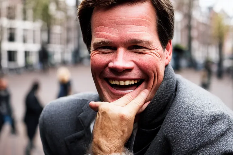 Image similar to closeup portrait of mark rutte laughing in an amsterdam street, natural light, sharp, detailed face, magazine, press, photo, steve mccurry, david lazar, canon, nikon, focus