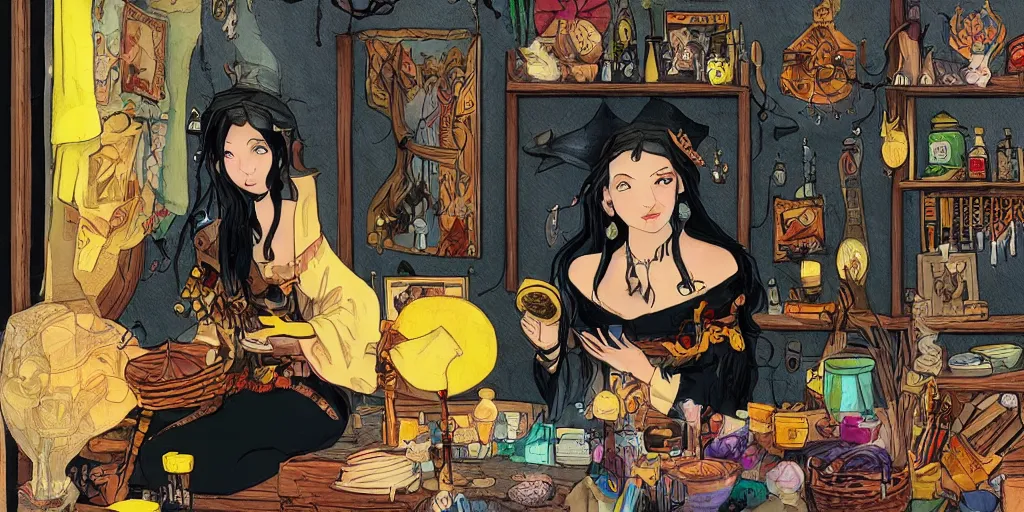 Image similar to a young black haired witch performing a tarot card fortune telling in her room full of elixirs, magical talismans and charms, illustration in the style of kaye waldberg and matthew lyrett and maria garcia garta, artstation, pixiv, smooth curves and sharp edges, gorgeous lighting,