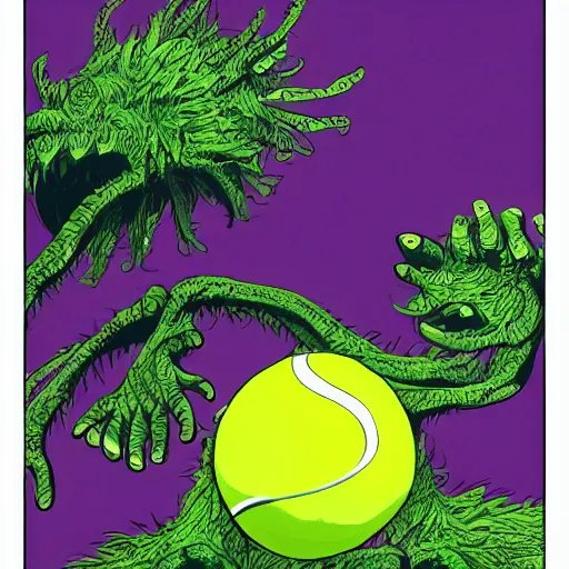 Prompt: a tennis ball monster ,tennis ball, tennis racket, jungle monster, jungle vines, colorful, digital art, fantasy, magic, trending on artstation, ultra detailed, professional illustration by Basil Gogos