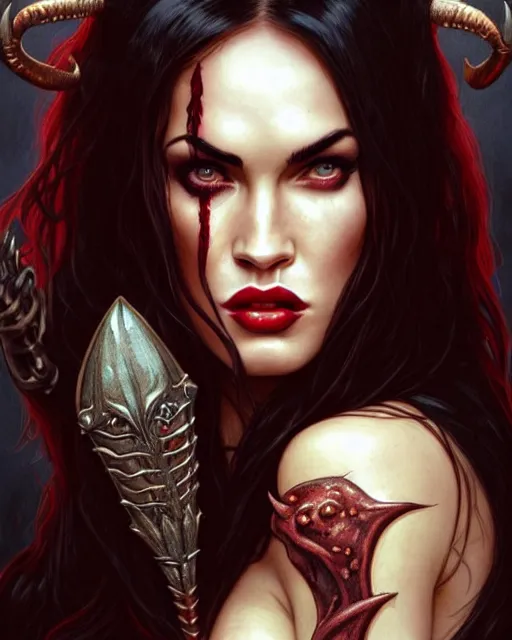 Prompt: portrait of megan fox as purgatori, vampire, horns, red skin, chaos comics, coffin comics, hell, intricate, headshot, highly detailed, digital painting, artstation, concept art, sharp focus, cinematic lighting, illustration, art by artgerm and greg rutkowski, alphonse mucha, cgsociety