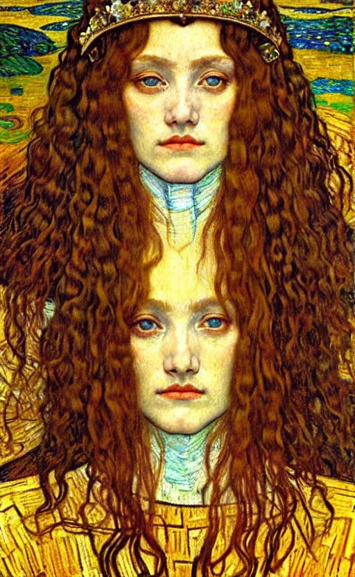 Image similar to detailed realistic beautiful young medieval queen face portrait by jean delville, gustav klimt and vincent van gogh, art nouveau, symbolist, visionary, gothic, pre - raphaelite, muted earthy colors, desaturated