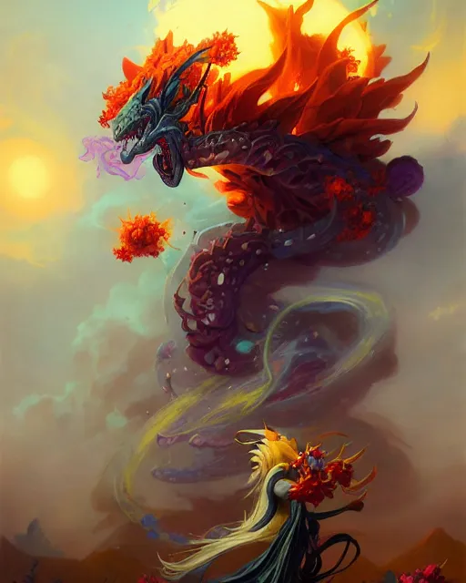 Image similar to aurelion sol, explosion of flowers, peter mohrbacher, frank frazetta