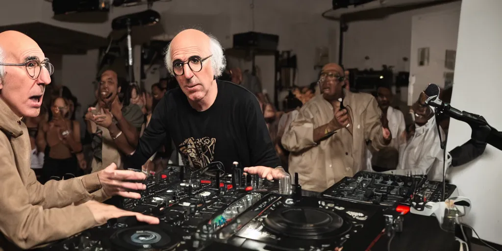 Prompt: Larry David DJing his first Boiler Room set, 1080p, screenshot