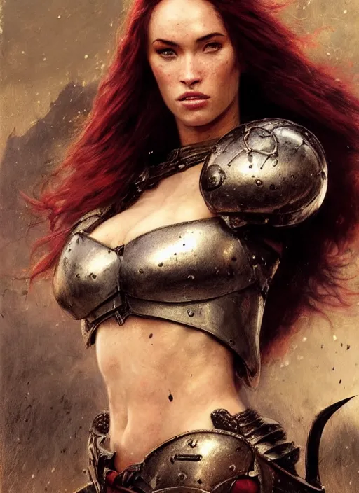 Prompt: short muscular redheaded woman wearing realistic medieval armour, megan fox, detailed by gaston bussiere, bayard wu, greg rutkowski, giger, maxim verehin, greg rutkowski, masterpiece, sharp focus, cinematic lightning