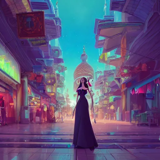 Image similar to portrait of princess tiana, middle eastern city background, rich vivid colors, ambient lighting, dynamic lighting, 4k, official media, anime key visual, makoto shinkai, ilya kuvshinov, lois van baarle, rossdraws, detailed, trending on artstation