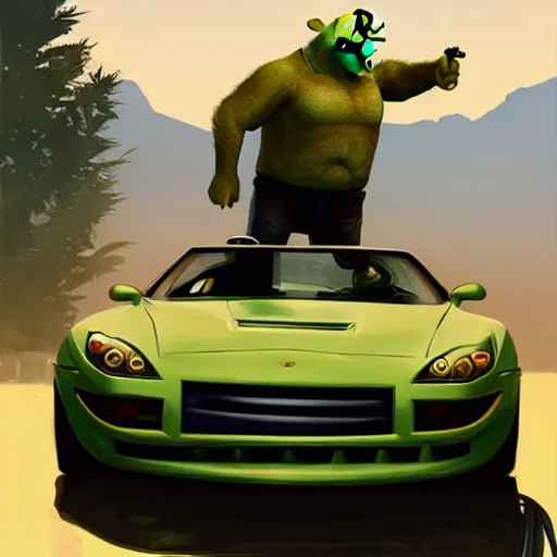 Prompt: zin din zidane plays gta with shrek on vr as trevor philips riding a super car, highly detailed, digital painting, artstation, concept art, sharp focus, illustration, art by greg rutkowski and alphonse mucha