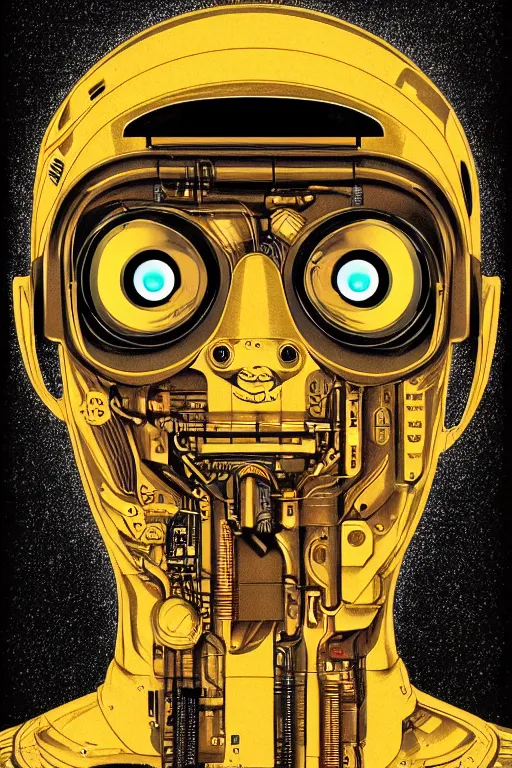 Prompt: portrait of a organic cyborg head covered in oil by pixar, centered, symmetrical, bilateral symmetry, 70s poster, polished, retro dark vintage sci-fi, 2D matte illustration