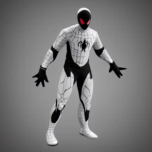 Image similar to black spider - man suit with white web lining, cinematic, volumetric lighting, realistic, hyperdetailed, photorealistic, photograph