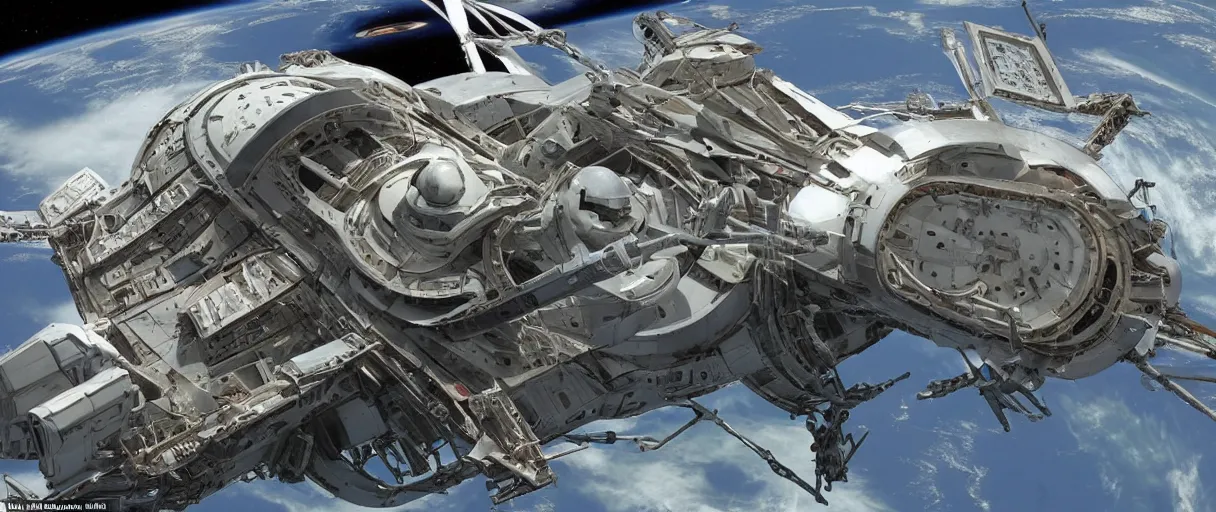 Image similar to a DIY spaceship capable of warp speed, realistic appearance with lots of details like nuts and bolts, rusty parts in the hull. The engines are powered on and we see it from the bridge of a space station