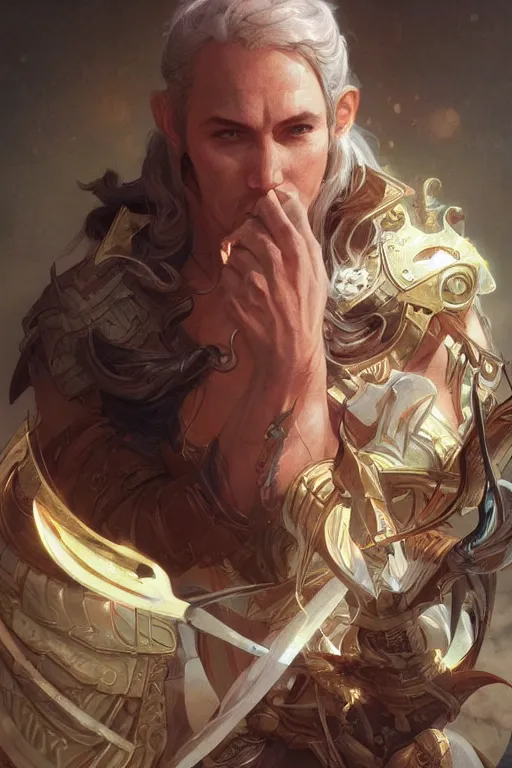 Prompt: portrait of the god of gaming, D&D, fantasy, highly detailed, digital painting, artstation, concept art, smooth, sharp focus, illustration, art by artgerm and greg rutkowski and alphonse mucha