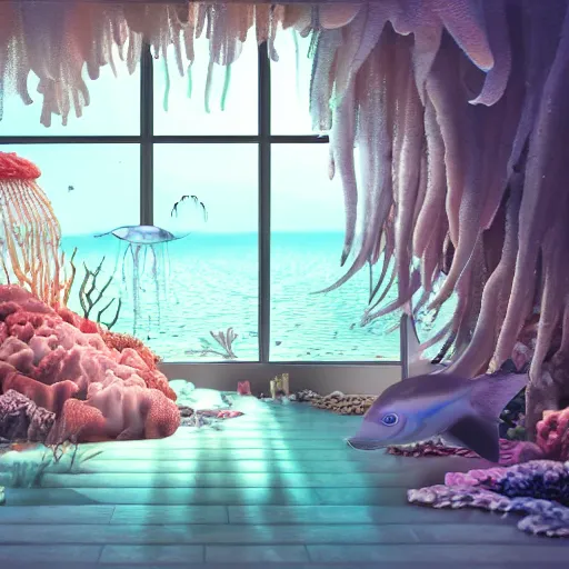 Image similar to photo of the modern fashionable room as aquarium with a chandelier as a big jellyfish, beautiful corals on the walls and dangerous sharks on the big panoramic window, realism, sharp details, cinematic, a lot of gleans, under the ocean, realistic colors, realistic shadows, daylight by beeple