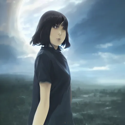 Prompt: girl from kon during the last days of humanity, digital art, portrait, dark fantasy, by makoto shinkai