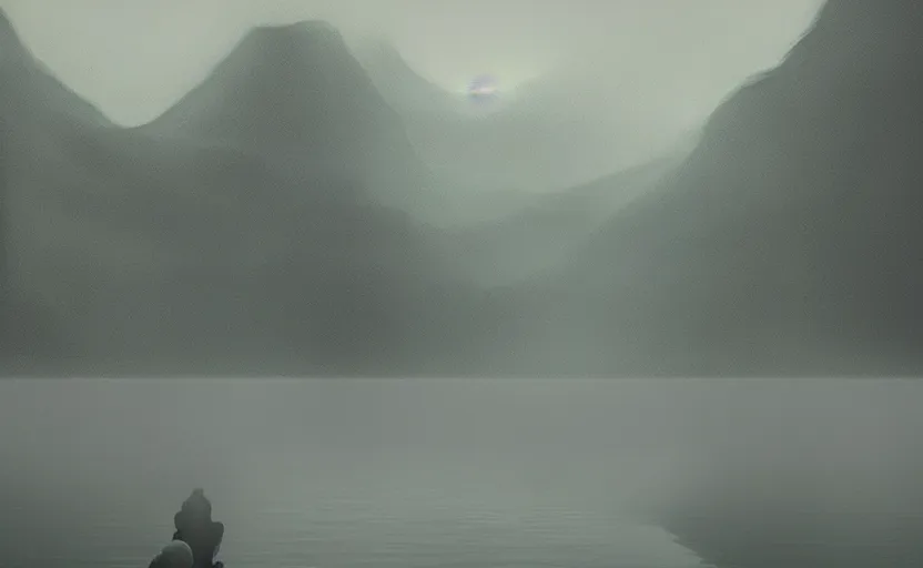 Image similar to a stranger lake directed by charlie kaufman ( 2 0 0 1 ) anamorphic lenses, foggy volumetric evening light, cinematic trending on artstation in the style of greg rutkowski