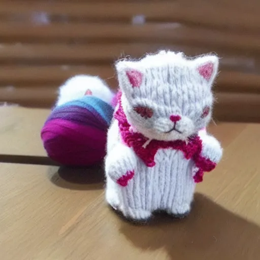 Prompt: photo of a miniature knitted kawaii cat.