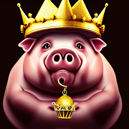 Image similar to cute morbidly obese pig wearing a gold crown, studio lighting, detailed, photography, 82 mm sigma art, dynamic lighting, digital painting, sharp focus, fantasy art