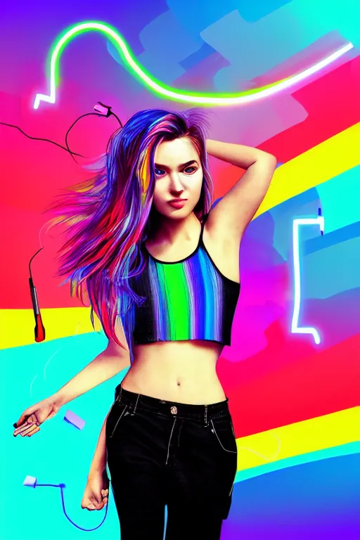 Image similar to a award winning half body portrait of a beautiful woman with stunning eyes in a croptop and cargo pants with rainbow colored ombre hairstyle head in motion and hair flying by thomas danthony, outlined by whirling illuminated neon lines, outrun, vaporware, shaded flat illustration, digital art, trending on artstation, highly detailed, fine detail, intricate