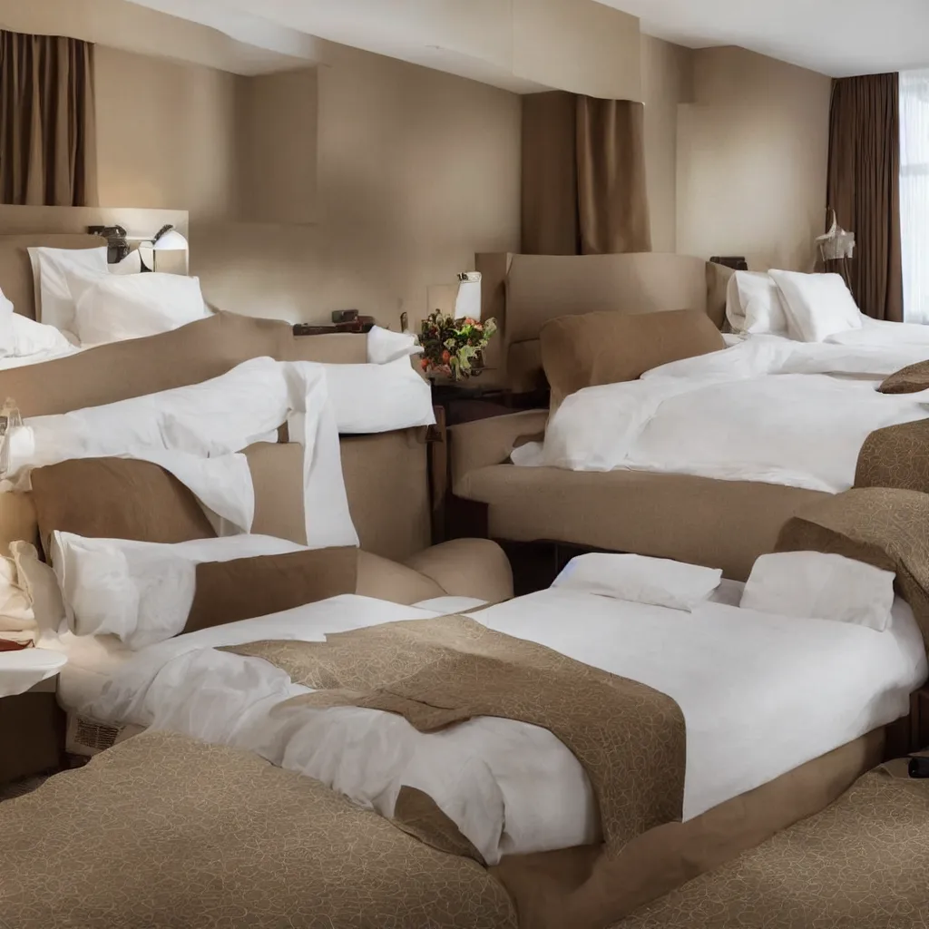 Image similar to an empty hotel bedroom with dull brown bedsheets and boring decorations