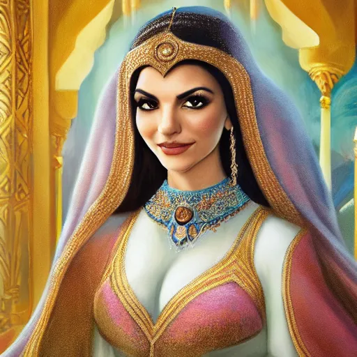 Prompt: a portrait of victoria justice as an arabian princess in a disney movie, crown!! oil painting, pale colors, high detail, 8 k, wide angle, trending on artstation,